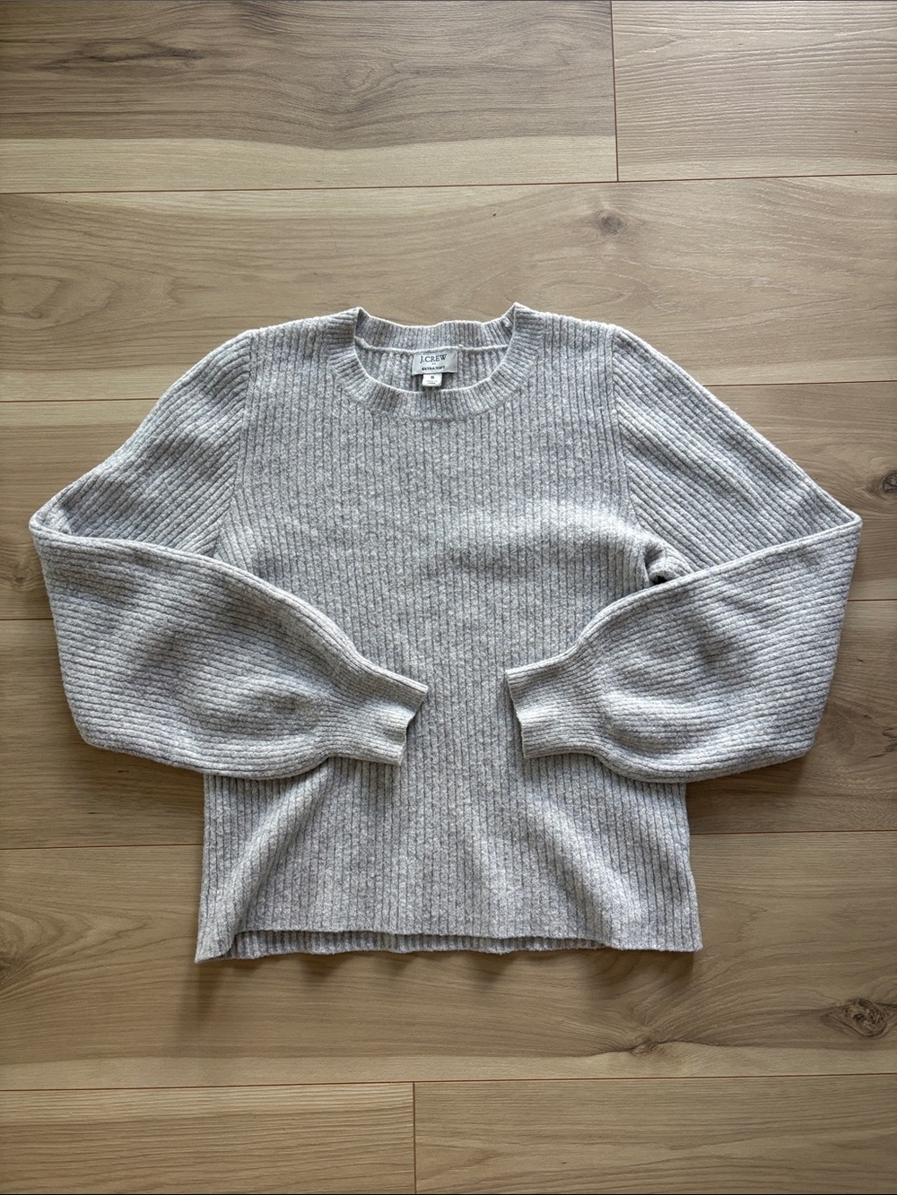 J. Crew Light Gray Ribbed Crewneck Sweater with Balloon Sleeves